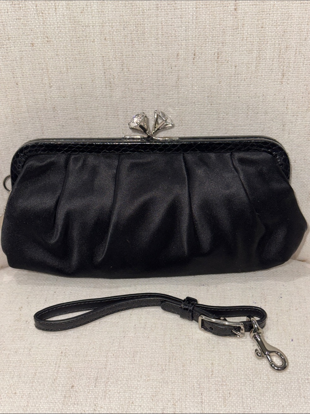 Coach Black Satin Evening Clutch with Silver-Tone Kiss Lock & Wristlet Strap